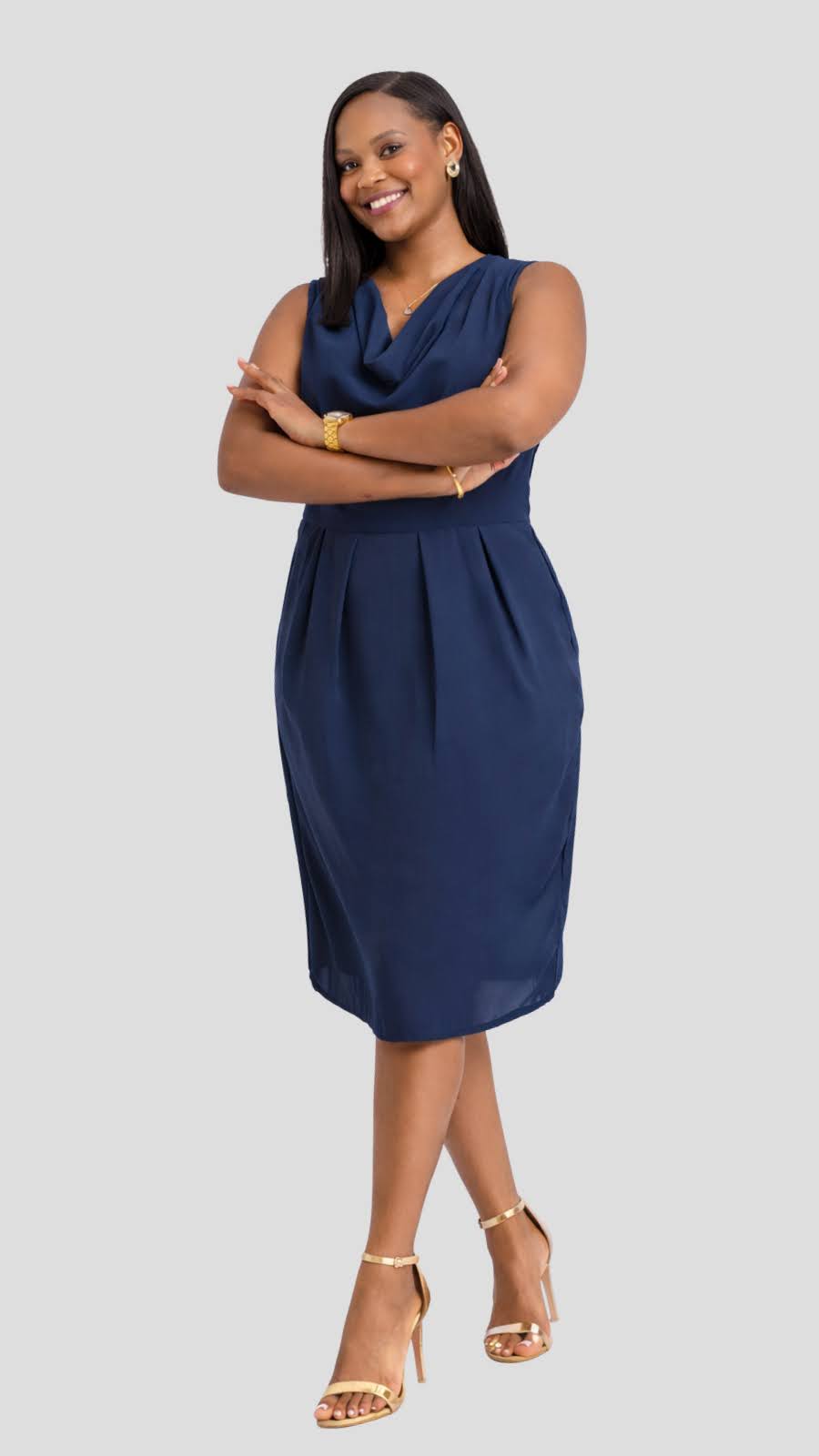 The Fashion Frenzy Cowl Neck Pleated Chiffon Dress – Navy