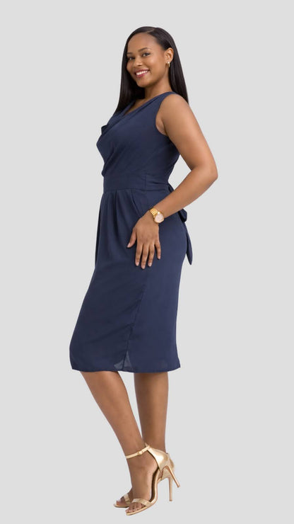The Fashion Frenzy Cowl Neck Pleated Chiffon Dress – Navy