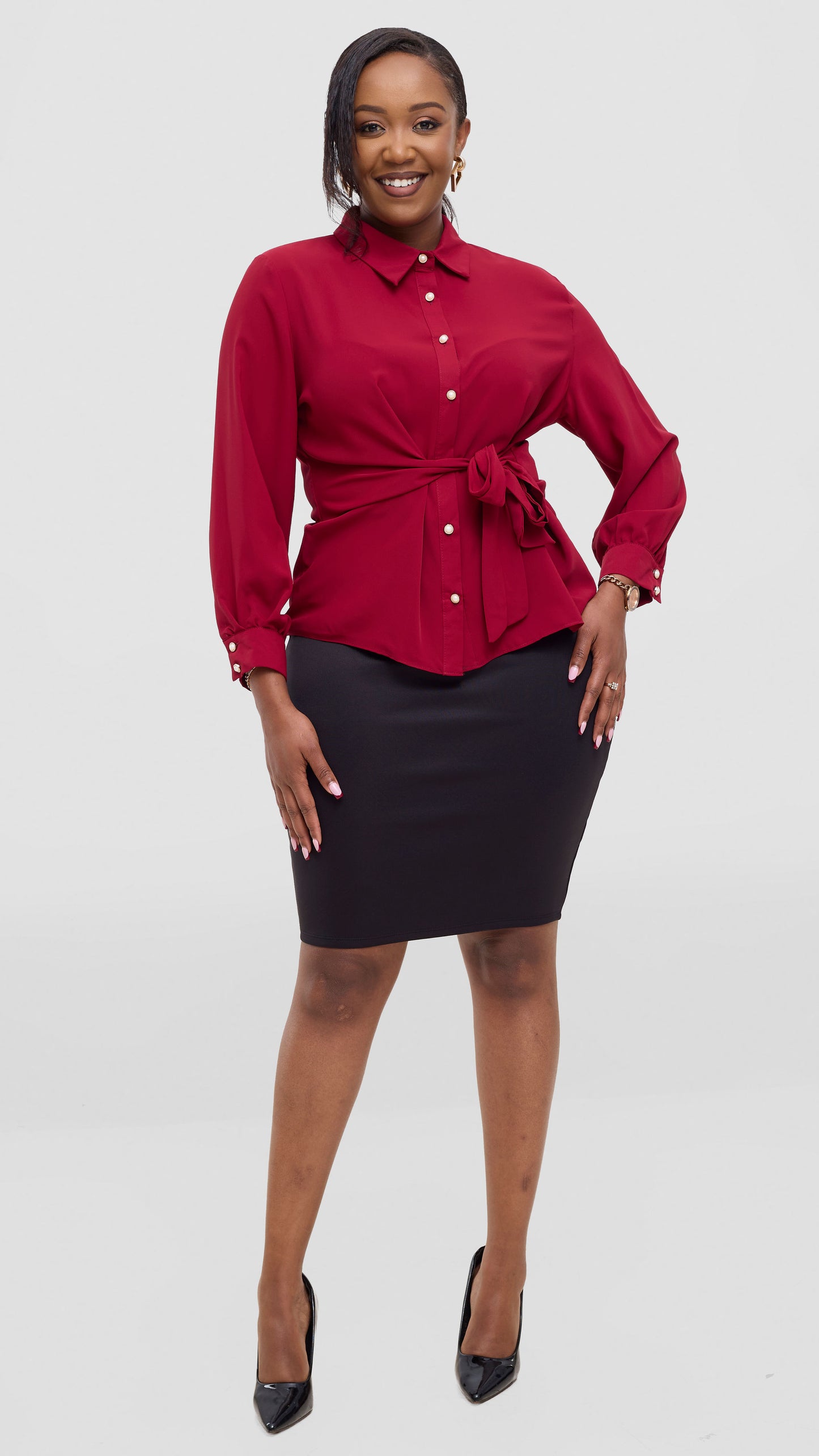 The Fashion Frenzy Front Belt Blouse- Maroon