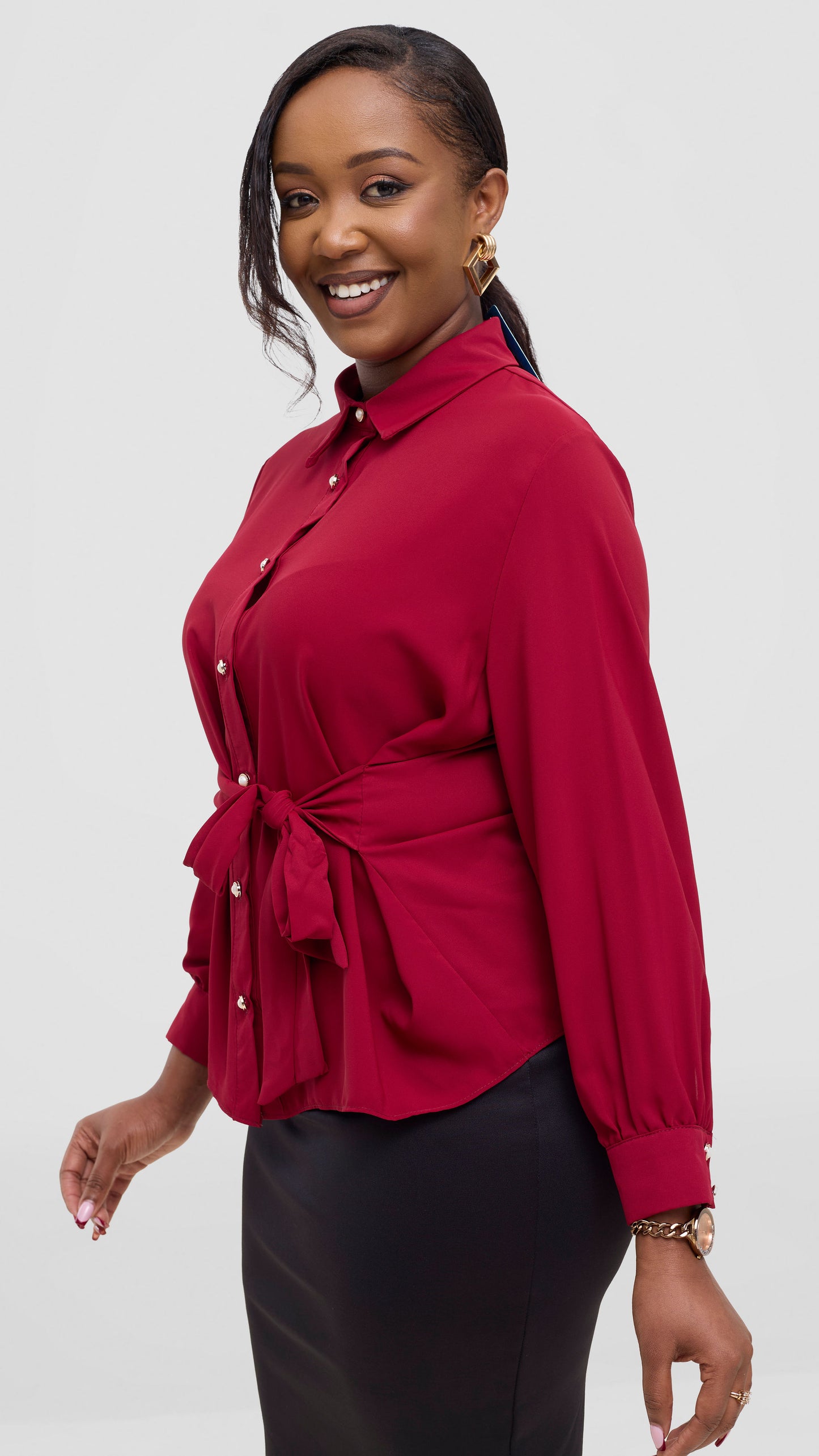 The Fashion Frenzy Front Belt Blouse- Maroon
