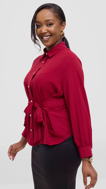 The Fashion Frenzy Front Belt Blouse- Maroon