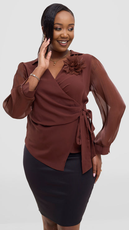 The Fashion Frenzy Wrap Blouse- Brown