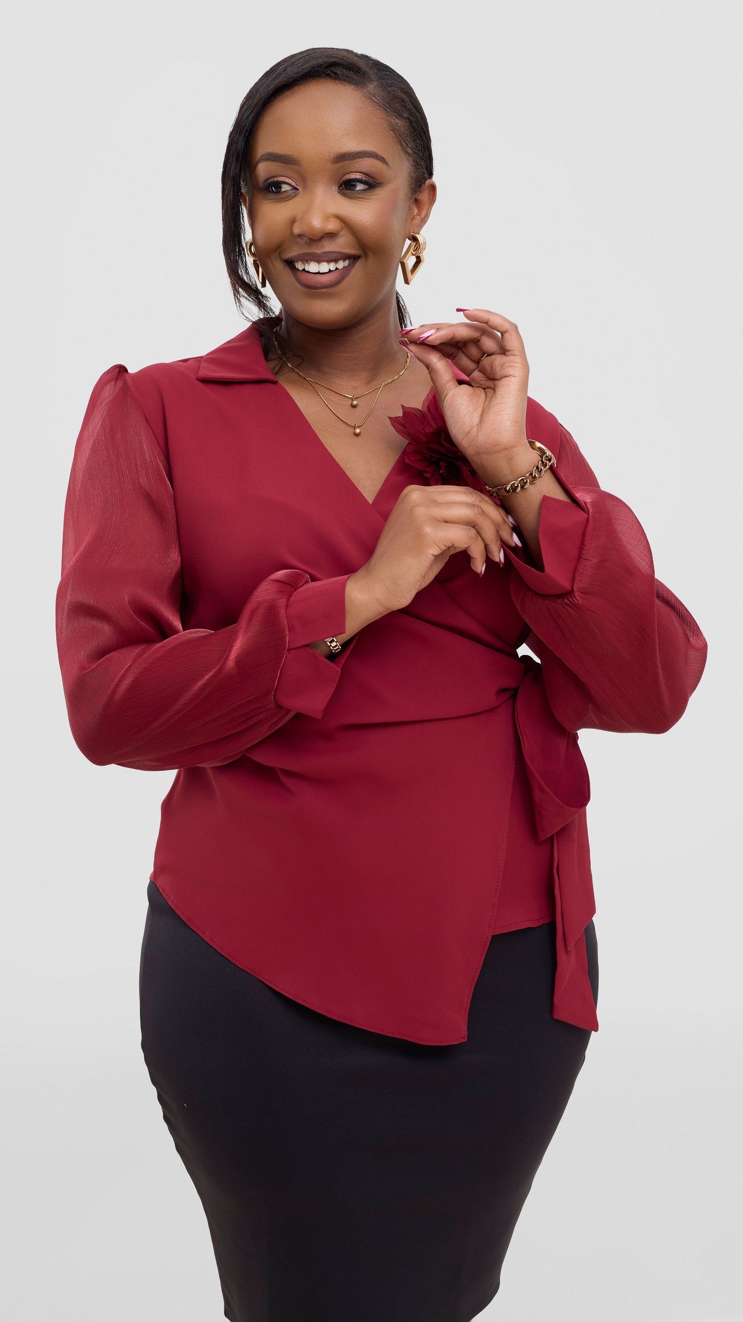 The Fashion Frenzy Wrap Blouse- Maroon