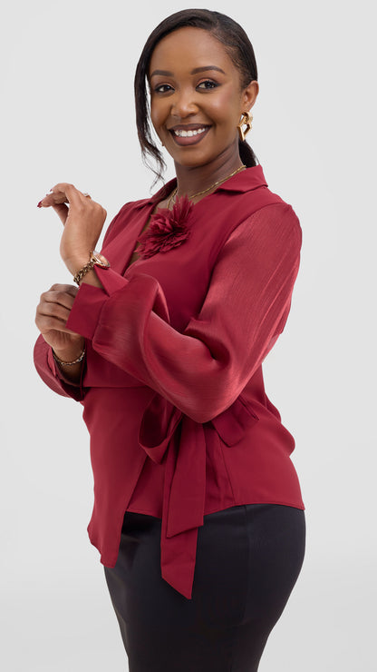 The Fashion Frenzy Wrap Blouse- Maroon