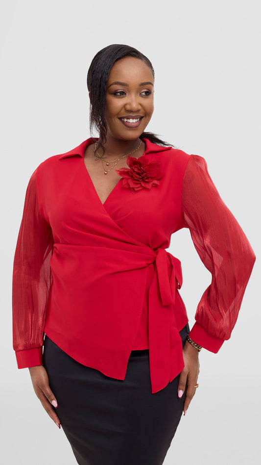 The Fashion Frenzy Wrap Blouse- Red