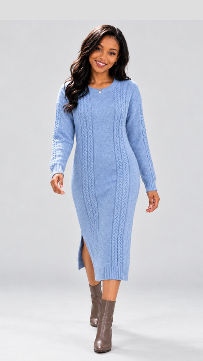The Fashion Frenzy Cable Knit Sweater Midi Dress - Blue