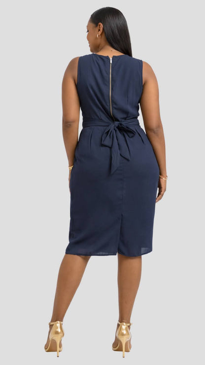 The Fashion Frenzy Cowl Neck Pleated Chiffon Dress – Navy