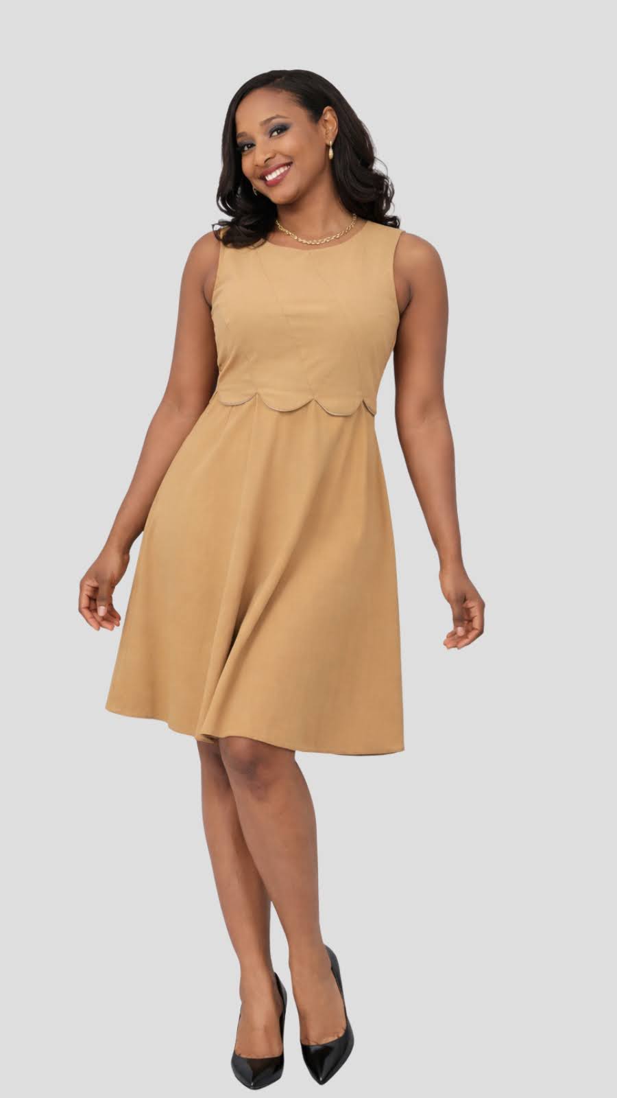 The Fashion Frenzy Scalloped Waist Skater Dress – Khaki