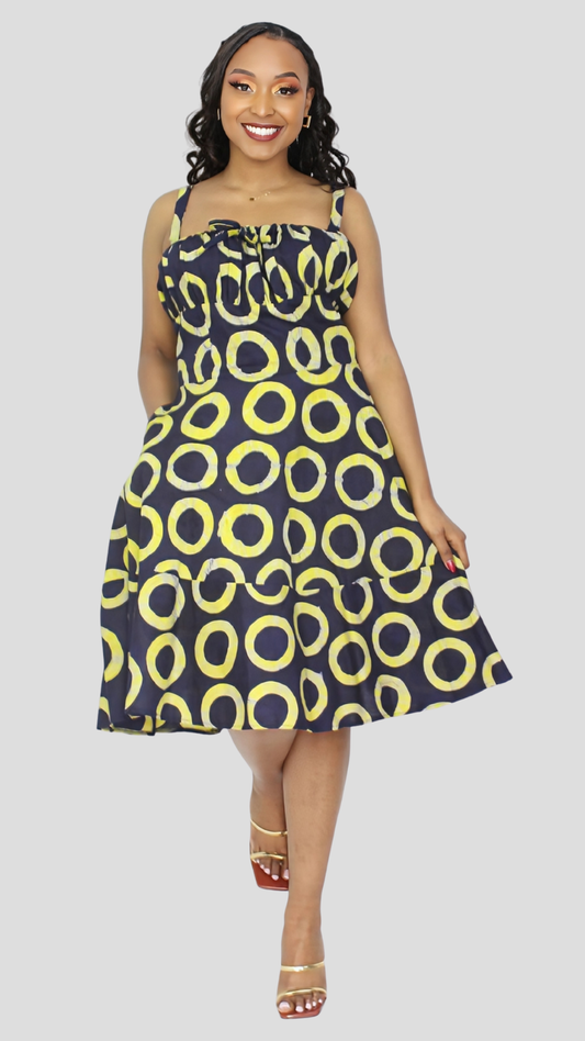The Fashion Frenzy Printed Nuru Circles Corset Skater Dress - Yellow