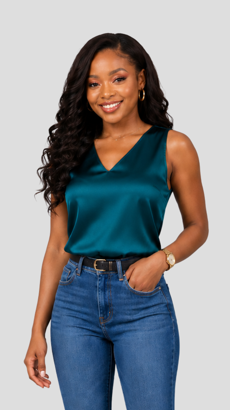 The Fashion Frenzy Satin Sleeveless V-Neck Top – Teal