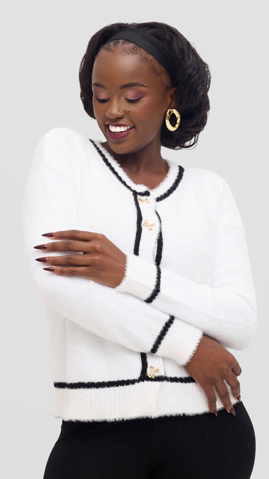 The Fashion Frenzy White Contrast Trim Knit Cardigan - White