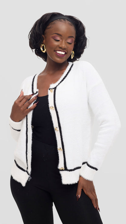 The Fashion Frenzy White Contrast Trim Knit Cardigan - White