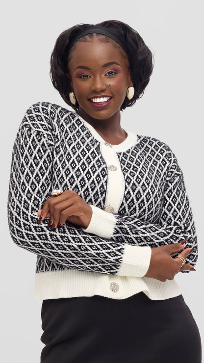 The Fashion Frenzy Ivory Trim Diamond Knit Cardigan - Ivory