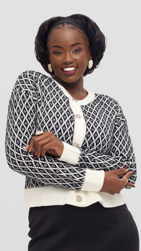 The Fashion Frenzy Ivory Trim Diamond Knit Cardigan - Ivory