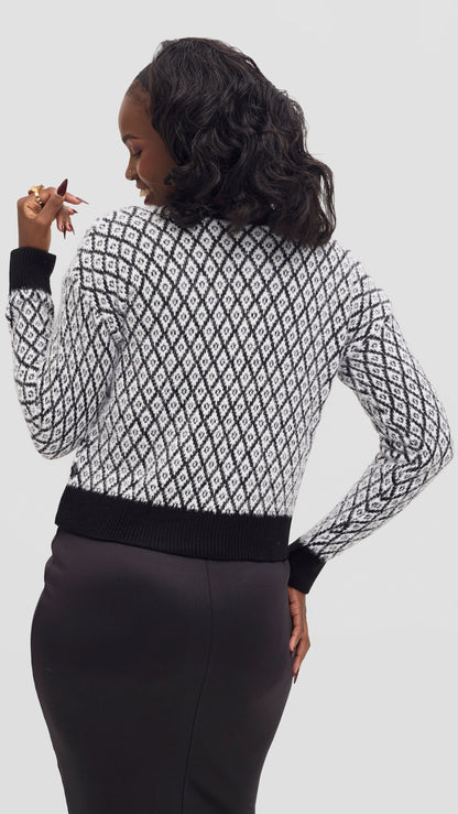 The Fashion Frenzy Black Trim Diamond Knit Cardigan - Black