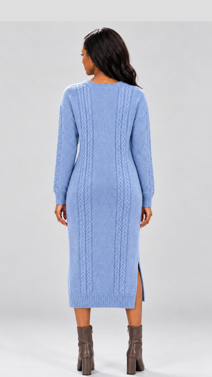 The Fashion Frenzy Cable Knit Sweater Midi Dress - Blue