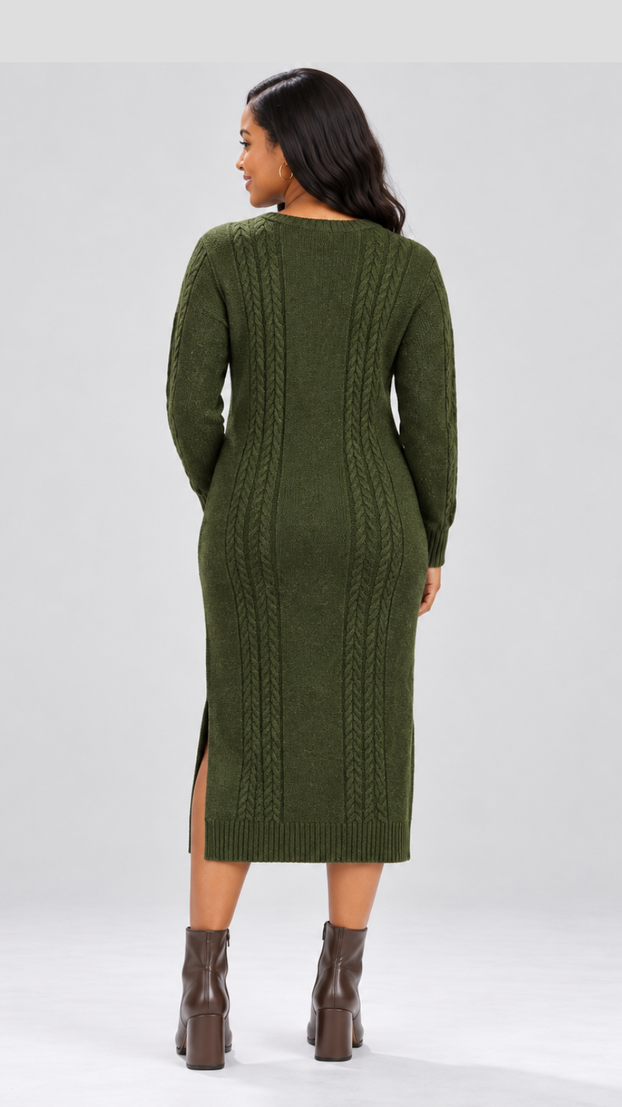 The Fashion Frenzy Cable Knit Sweater Midi Dress - Green