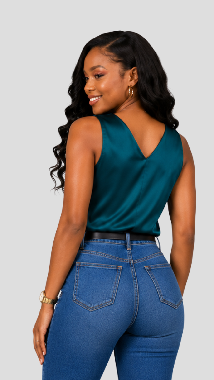 The Fashion Frenzy Satin Sleeveless V-Neck Top – Teal