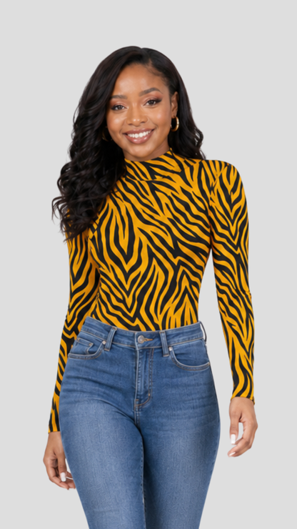 The Fashion Frenzy  Savannah Stripe High-Neck Bodysuit- Mustard