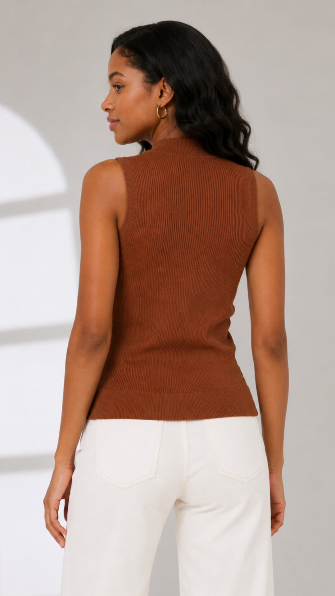 The Fashion Frenzy Mara Textured Mock-Neck Knit Vest- Brown