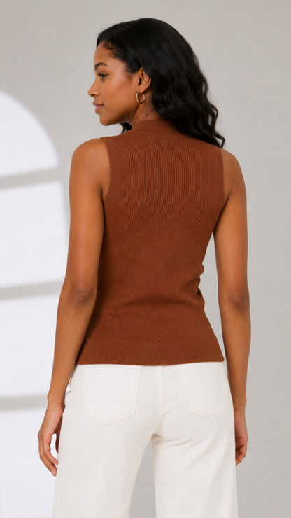 The Fashion Frenzy Mara Textured Mock-Neck Knit Vest- Brown