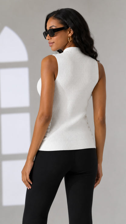 The Fashion Frenzy Mara Textured Mock-Neck Knit Vest- White