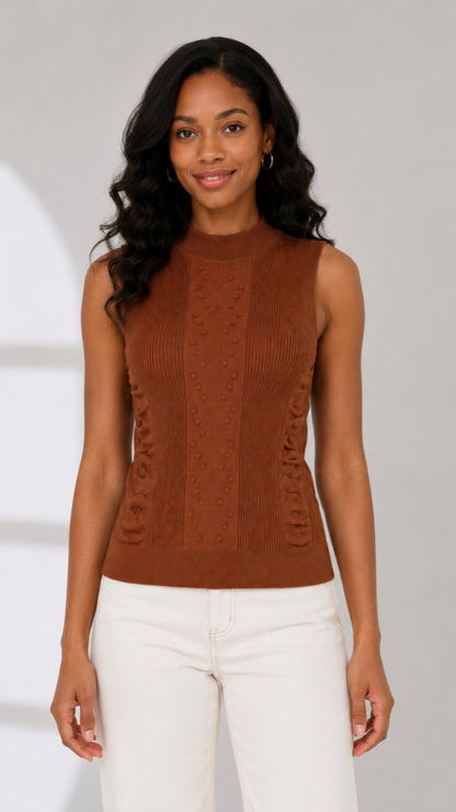 The Fashion Frenzy Mara Textured Mock-Neck Knit Vest- Brown