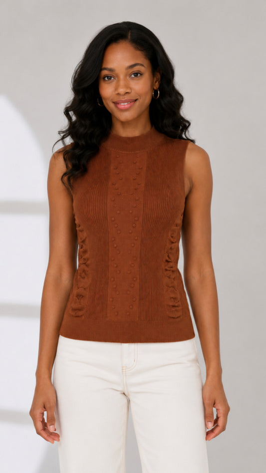 The Fashion Frenzy Mara Textured Mock-Neck Knit Vest- Brown