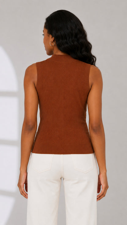 The Fashion Frenzy Mara Textured Mock-Neck Knit Vest- Brown