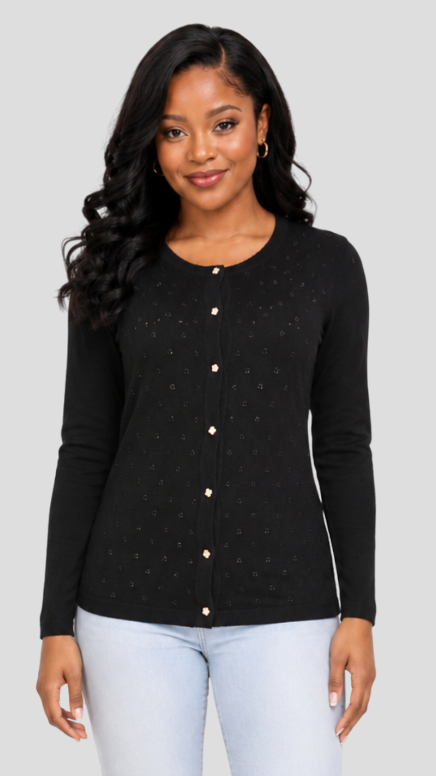 The Fashion Frenzy Pointelle Button-Through Knit Cardigan - Black