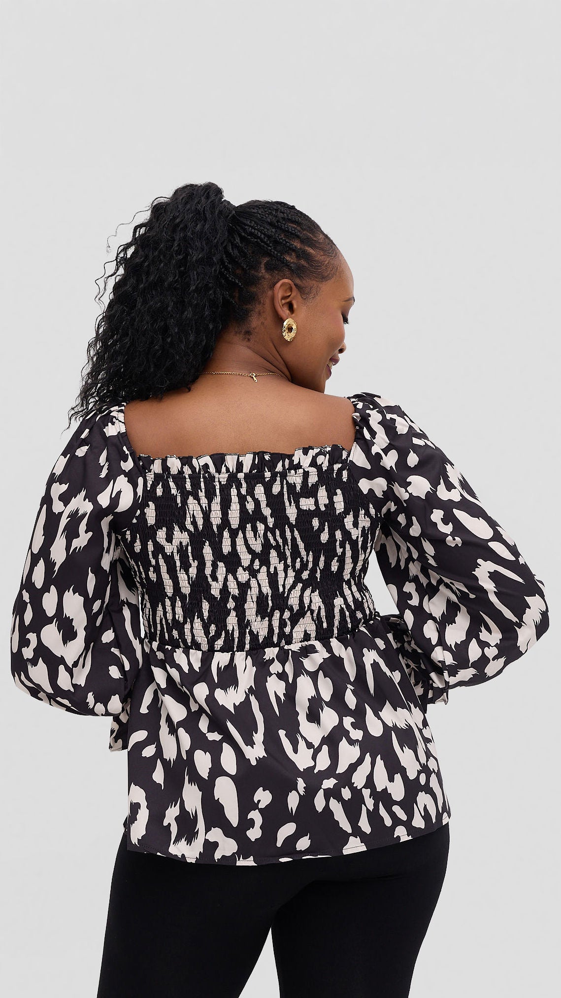 Monique Smocked Peplum Blouse – Black & White