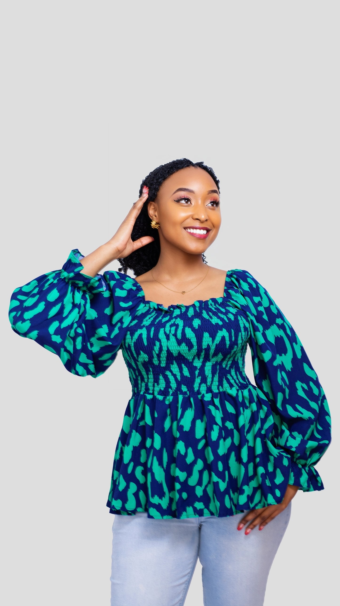 The Fashion Frenzy Blue & Green Smocked Print Top