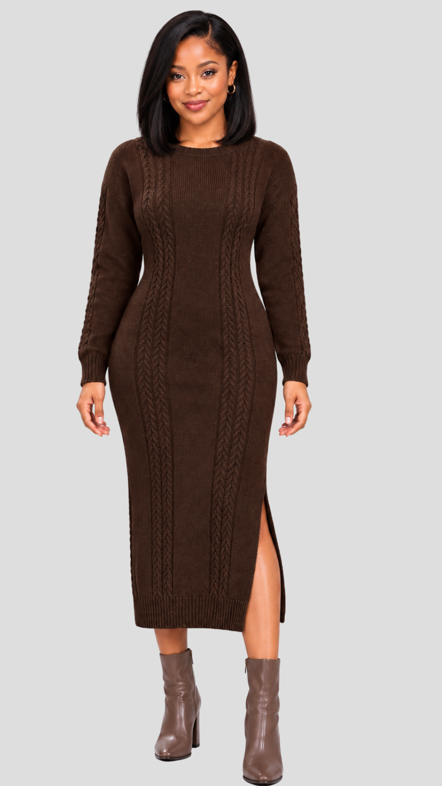 The Fashion Frenzy Cable Knit Sweater Midi Dress - Brown