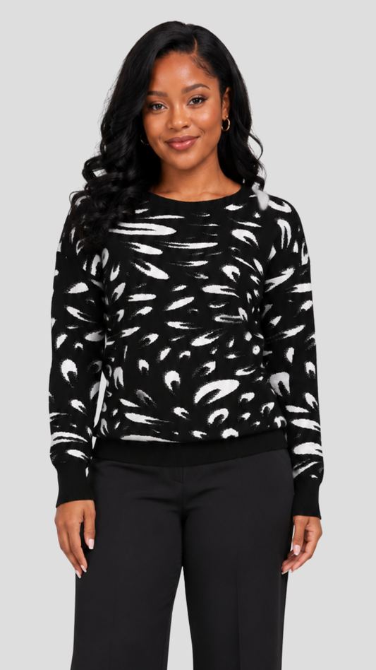 The Fashion Frenzy Printed Pullover Sweater - Black