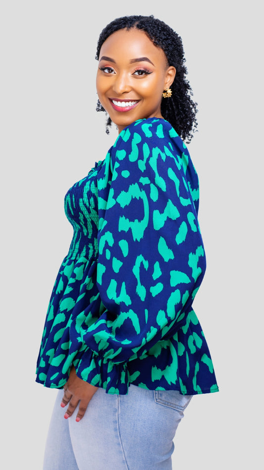 The Fashion Frenzy Blue & Green Smocked Print Top