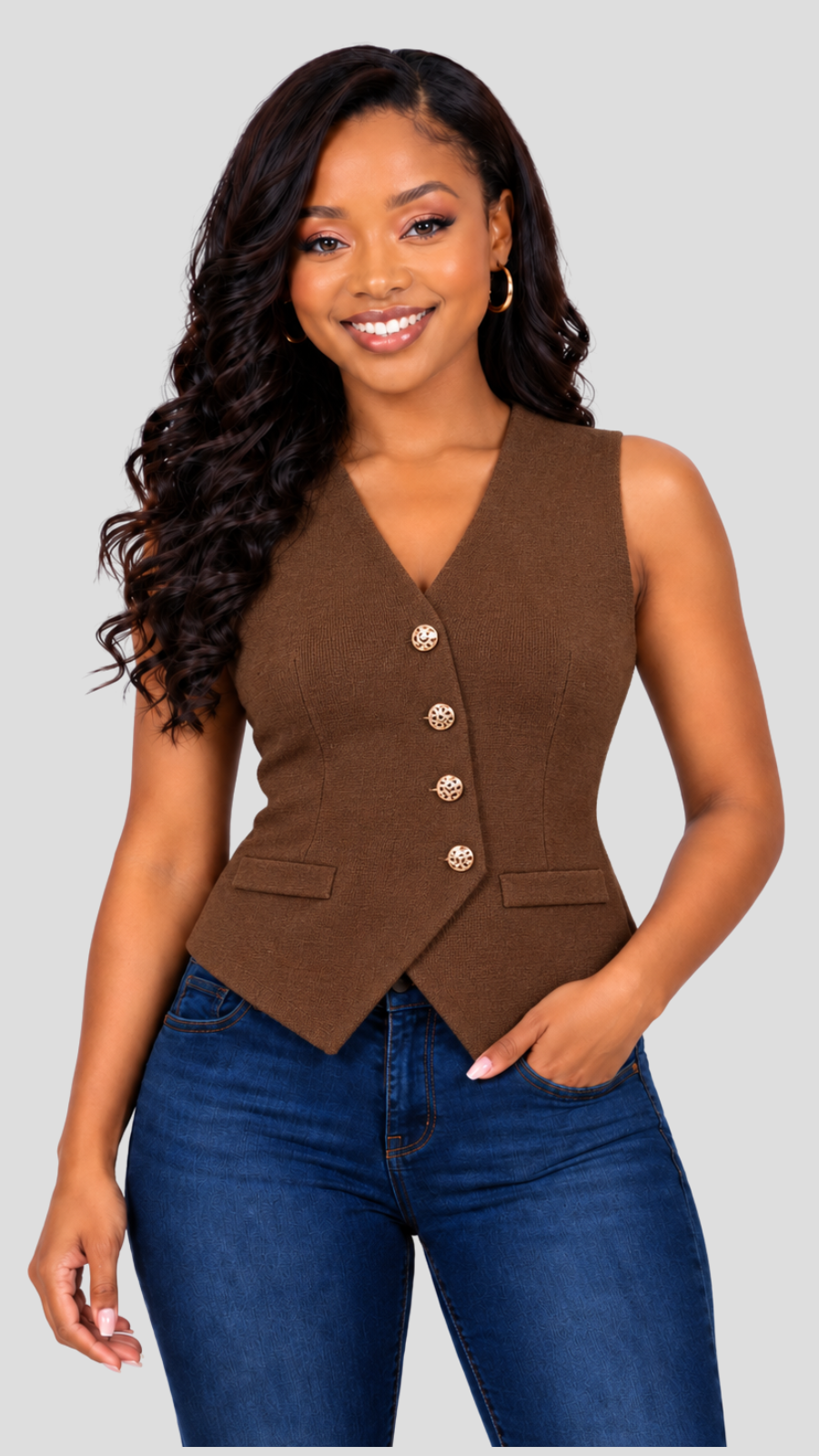 The Fashion Frenzy Tailored Sleeveless Knit Vest Top - Brown