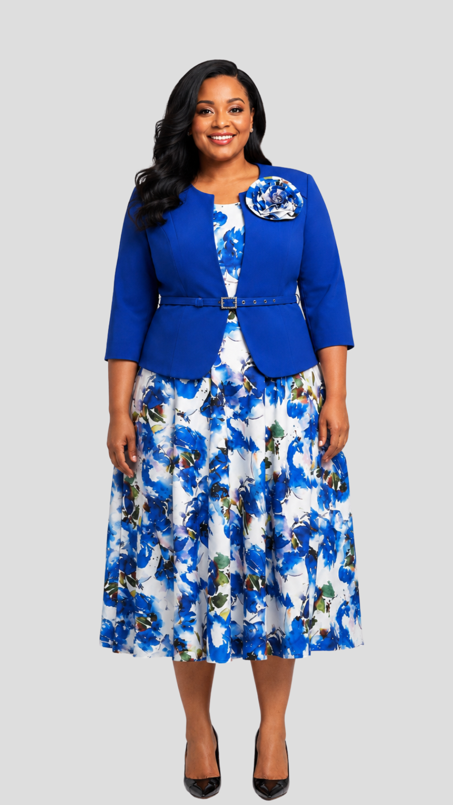 The Fashion Frenzy Majestic Petals Floral Dress Suit - Royal Blue