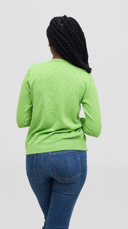 The Fashion Frenzy Pointelle Button - Through Knit Cardigan – Green