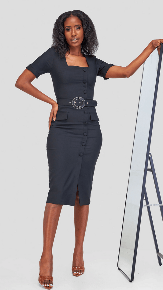 Belted Pencil Dress - Black