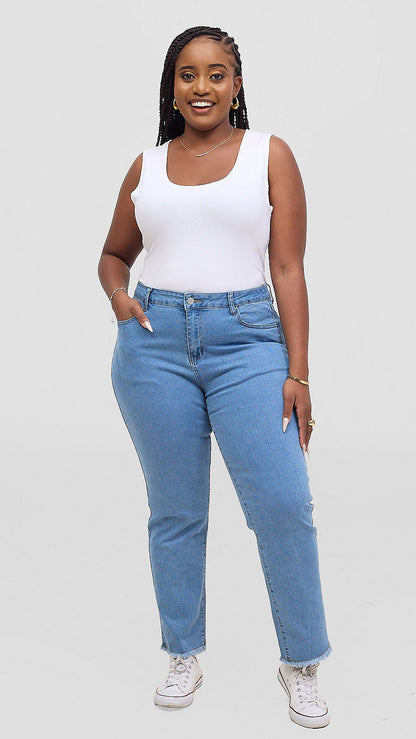 The Fashion Frenzy Kaya Fray Detail Straight Jeans – Blue