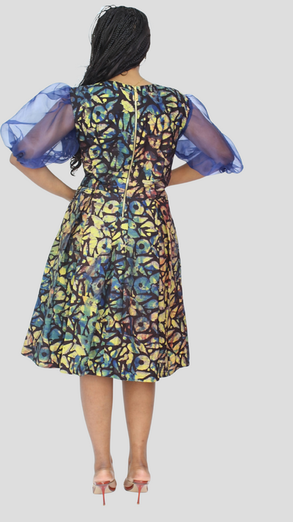 The Fashion Frenzy Curvy Plus Size Neema Puff Sleeve Dress - Blue Print