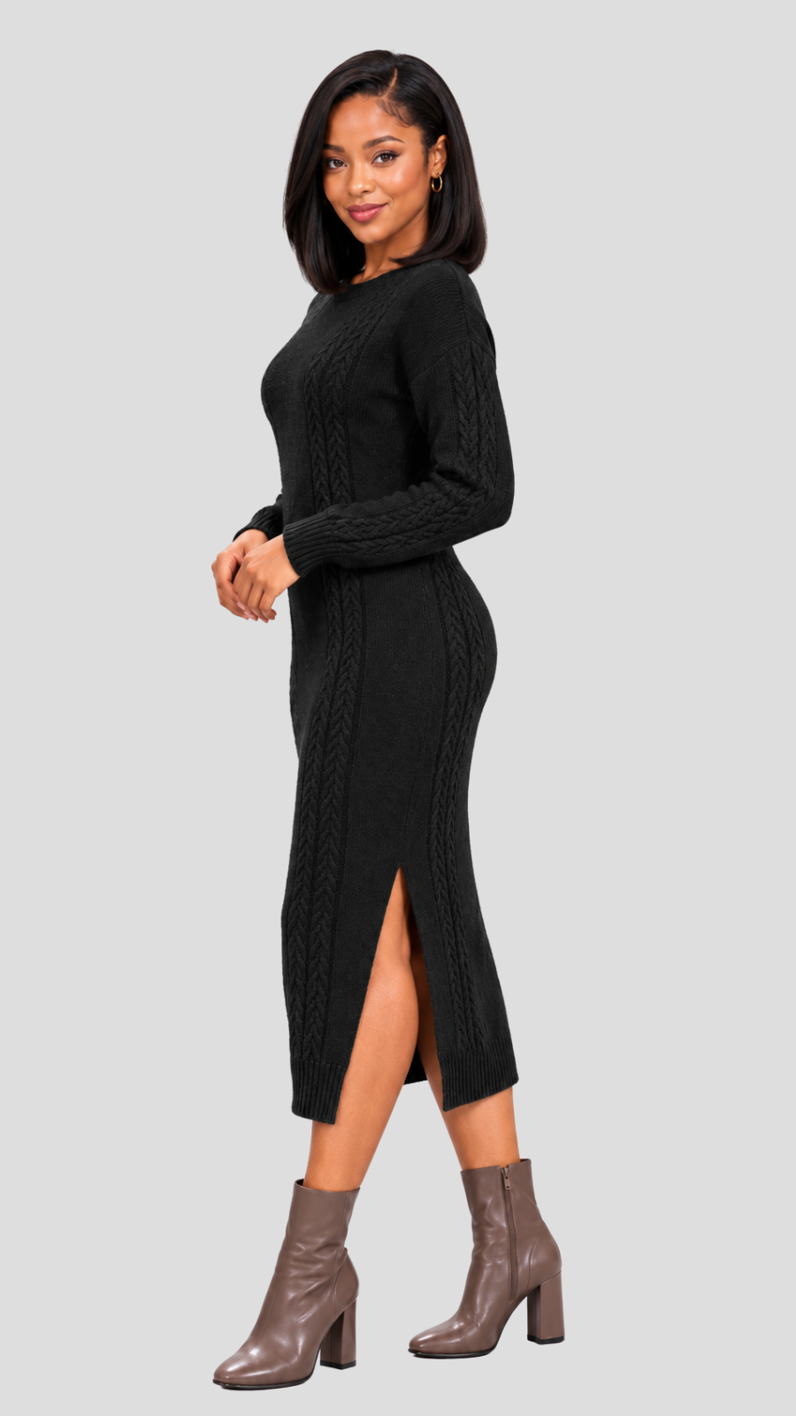The Fashion Frenzy Cable Knit Sweater Midi Dress - Black