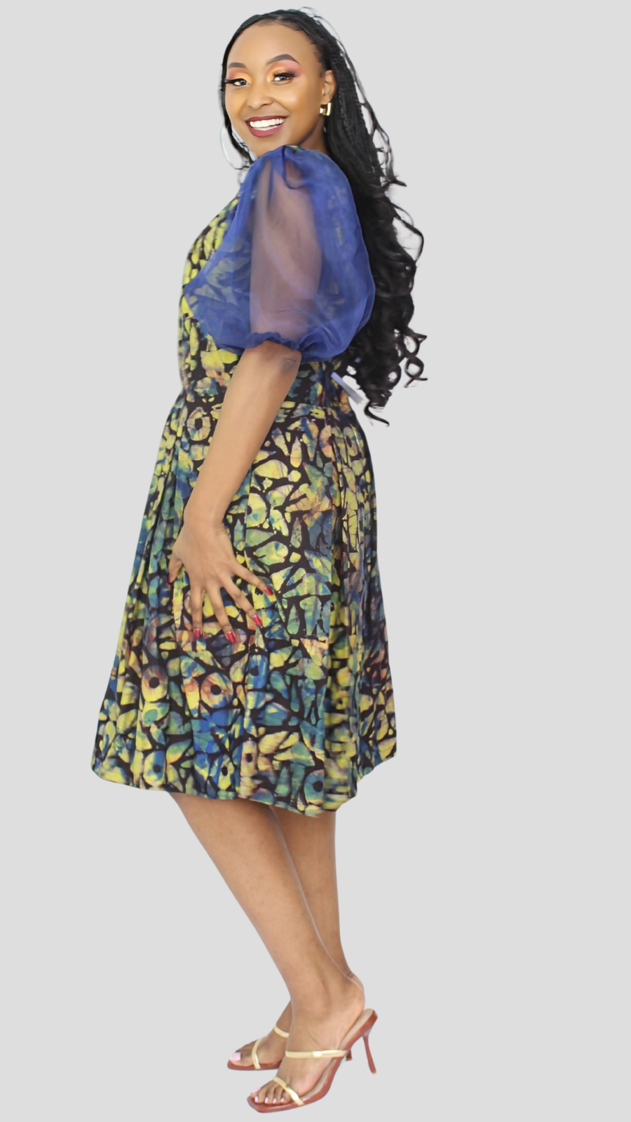 The Fashion Frenzy Curvy Plus Size Neema Puff Sleeve Dress - Blue Print