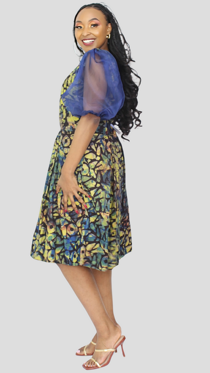 The Fashion Frenzy Curvy Plus Size Neema Puff Sleeve Dress - Blue Print