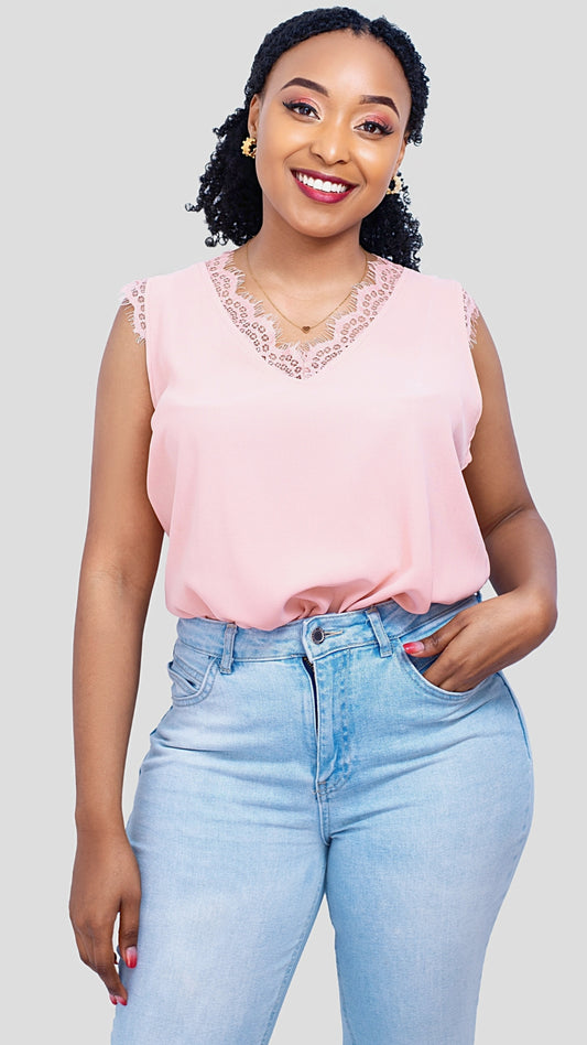 The Fashion Frenzy Lace Trim Sleeveless Top – Blush Pink