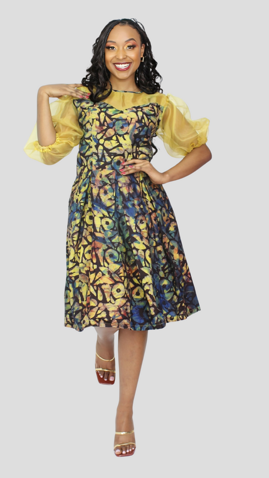 The Fashion Frenzy Neema Puff Sleeve Dress - Yellow Print