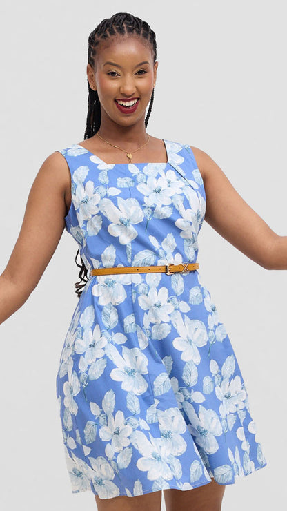The Fashion Frenzy Belted Floral Skater Dress - Blue