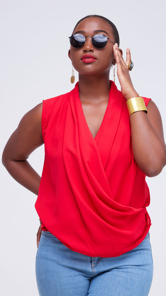 The Fashion Frenzy V-Neck Blouse Top - Red