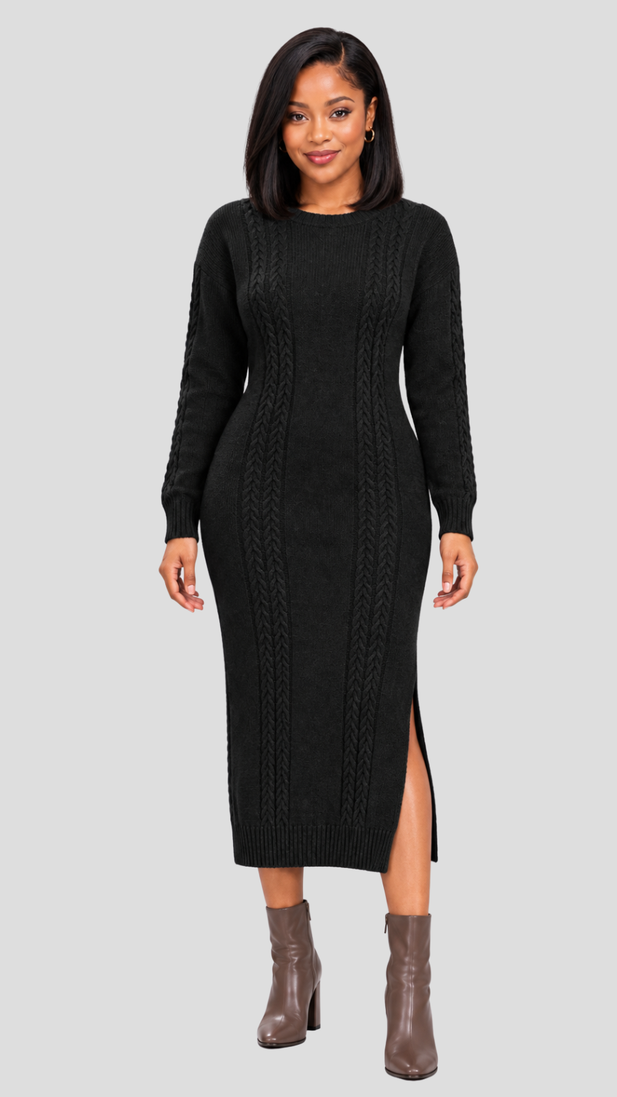 The Fashion Frenzy Cable Knit Sweater Midi Dress - Black