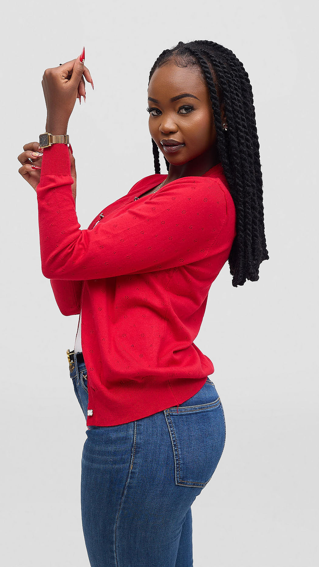 The Fashion Frenzy Pointelle Button-Through Knit Cardigan - Red